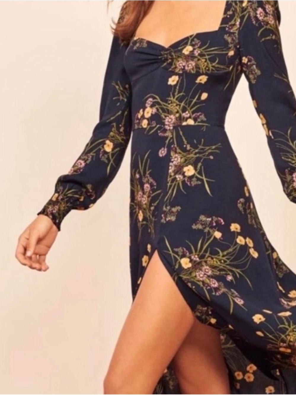 Reformation Navy Floral Sweetheart Midi Dress with Side Slit
